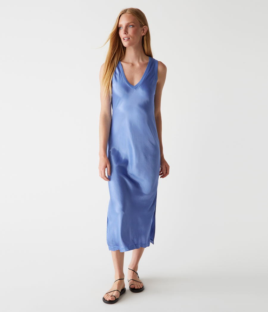 Randi Satin Midi Dress in Salt Water Blue Front View #SALT WATER