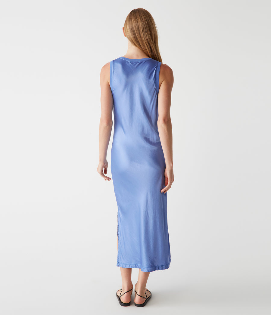 Randi Satin Midi Dress in Salt Water Blue Back View #SALT WATER