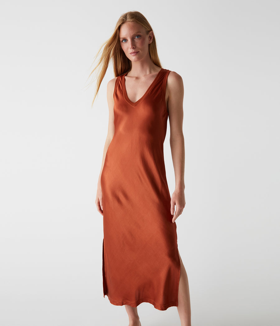 Randi Satin Midi Dress in Toffee Brown Close Up View #TOFFEE
