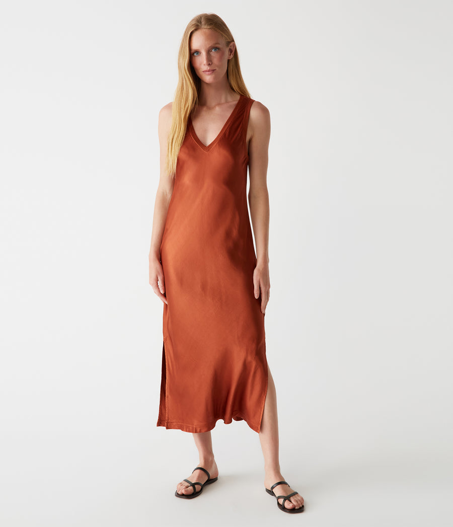Randi Satin Midi Dress in Toffee Brown Full Body View #TOFFEE