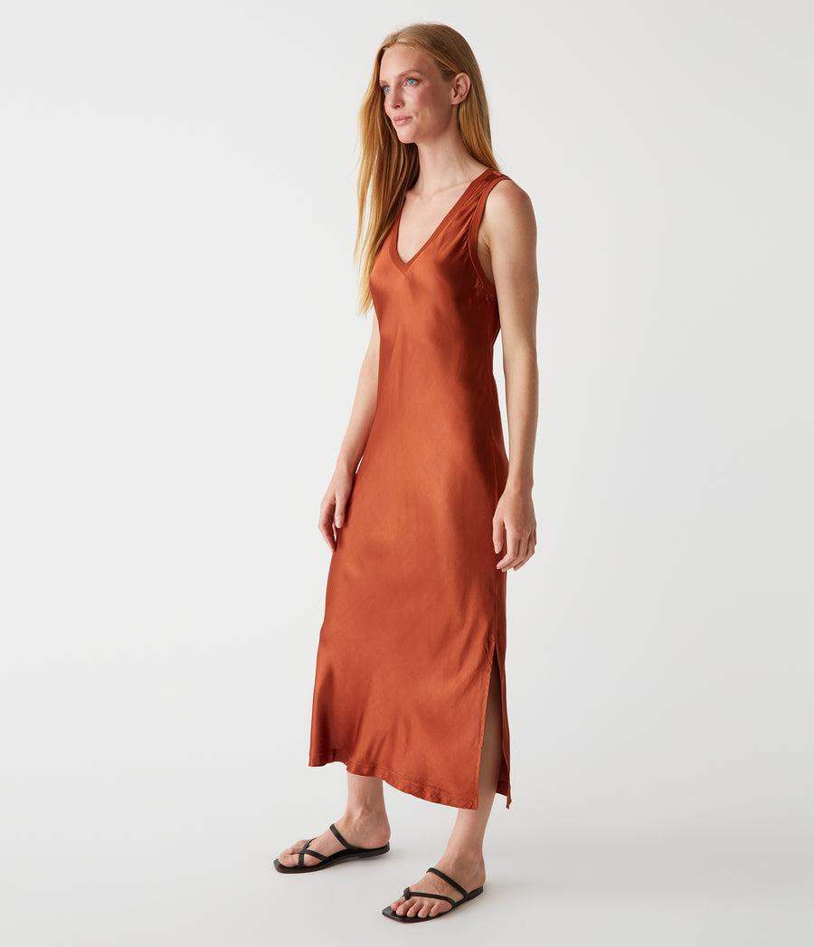 Randi Satin Midi Dress in Toffee Brown Side View #TOFFEE