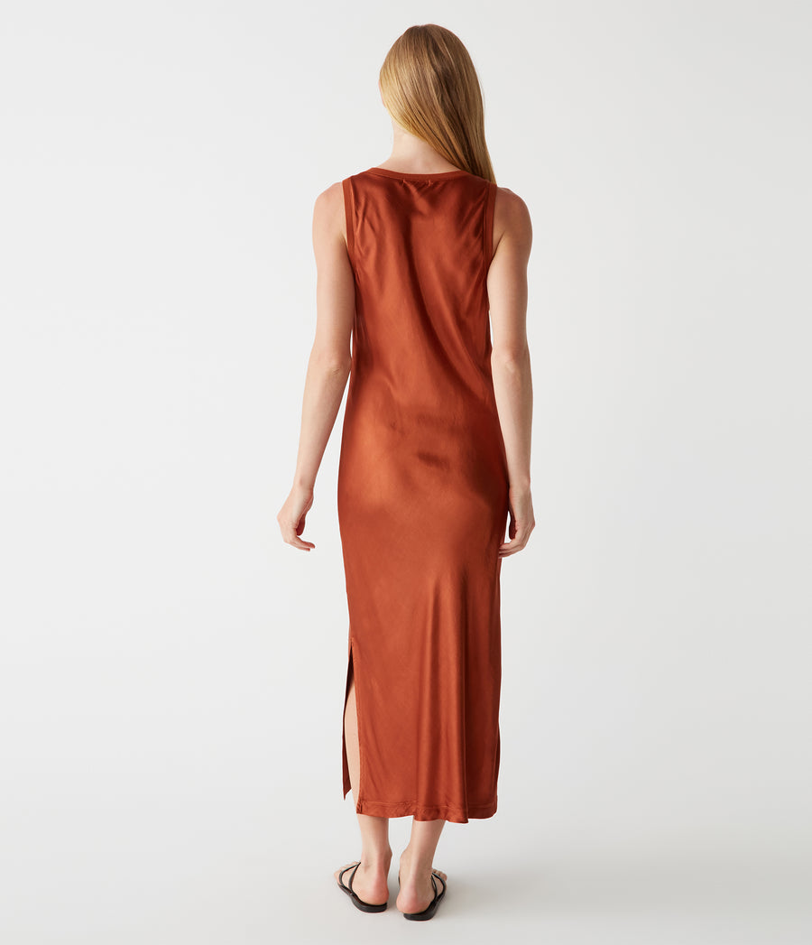 Randi Satin Midi Dress in Toffee Brown Back View #TOFFEE