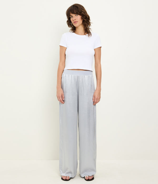 Cyrus Satin Pant in ZINC Grey Close Up View #ZINC