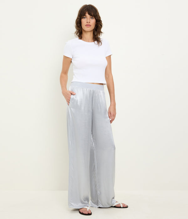 Cyrus Satin Pant in ZINC Grey Full Body View #ZINC