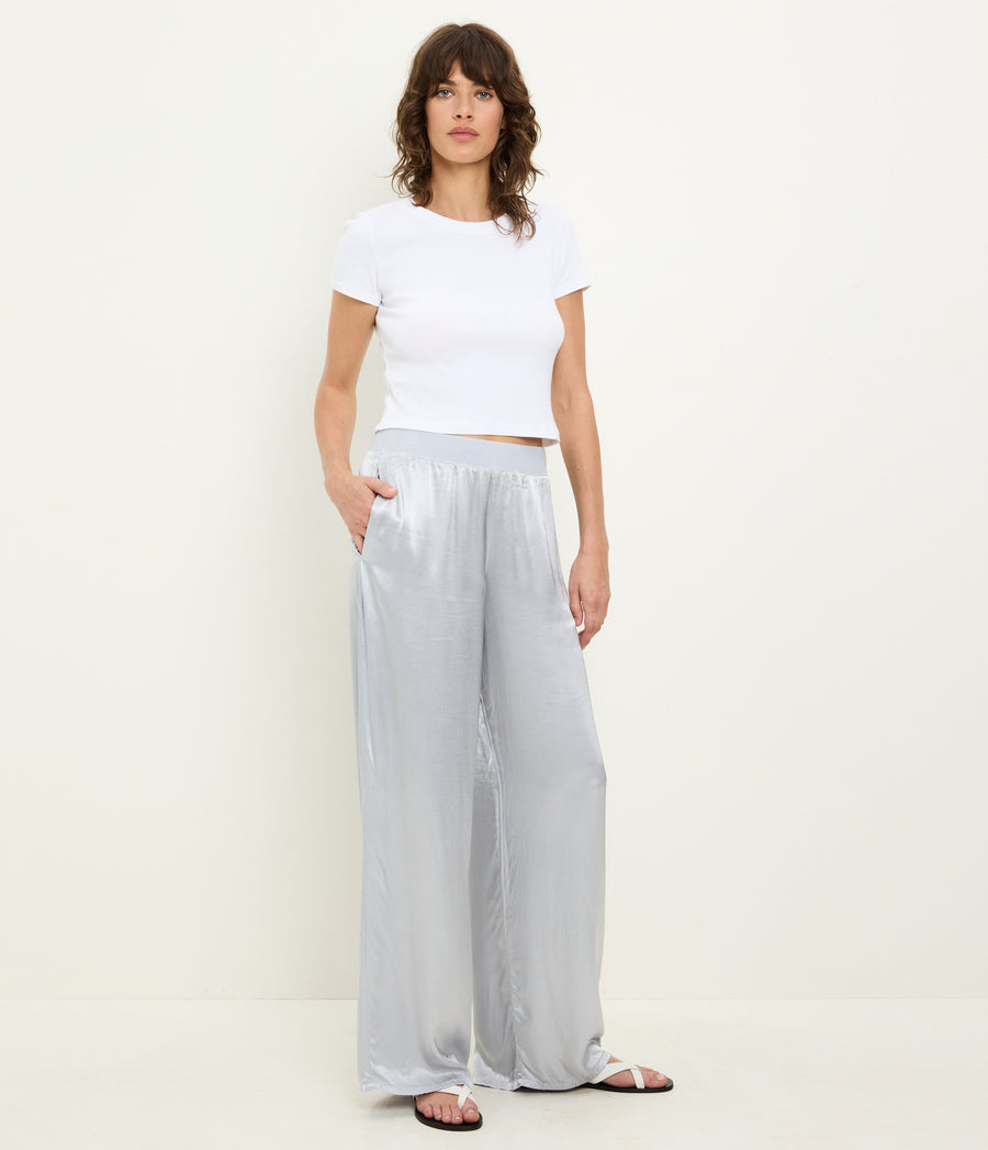 Cyrus Satin Pant in ZINC Grey Full Body View #ZINC