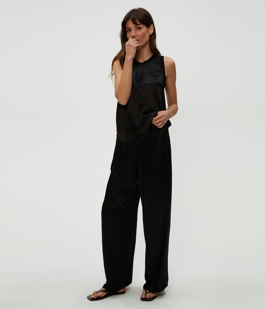 Cyrus Satin Pant in Black  Close Up View #BLACK