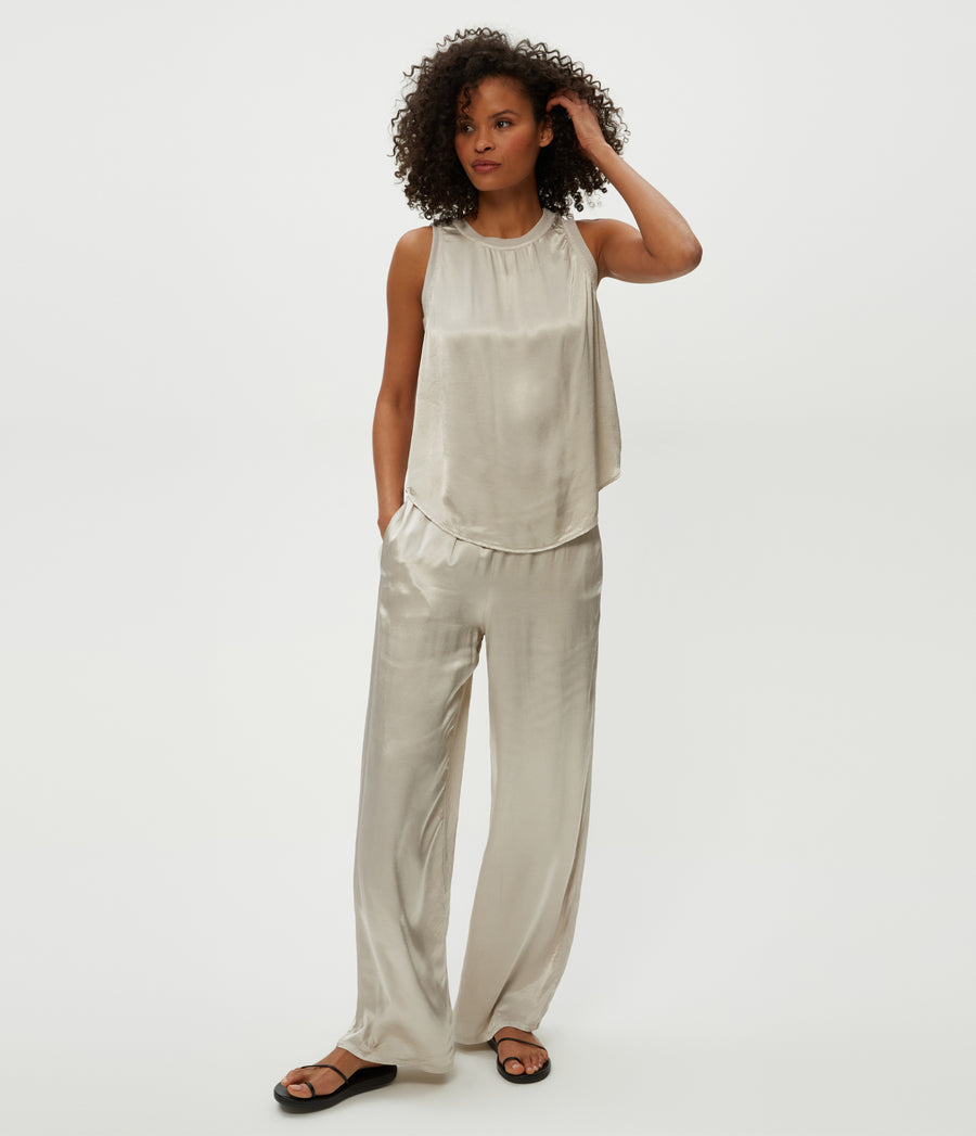Cyrus Satin Pant in Cement Grey Full Body View #CEMENT