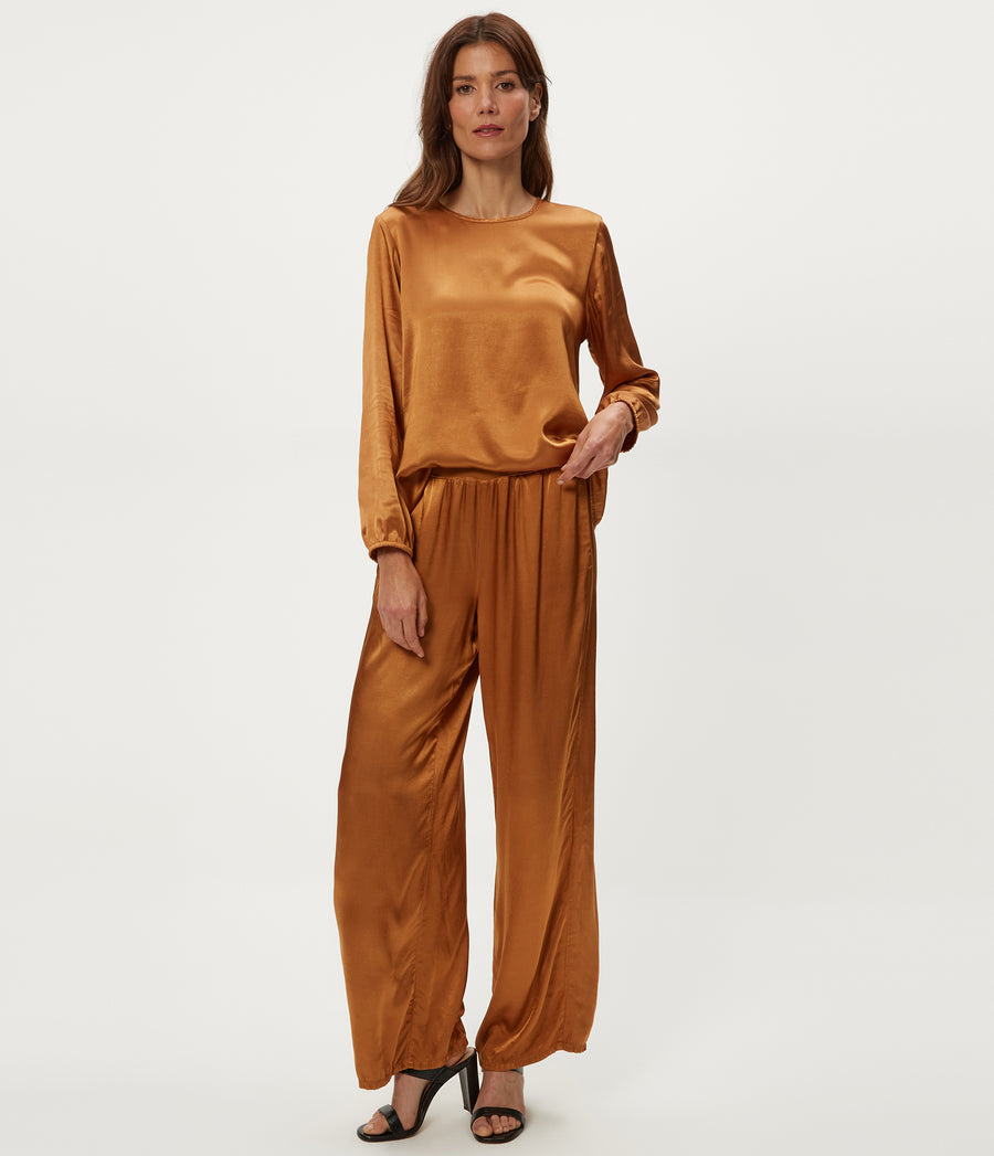 Cyrus Satin Pant in Cumin Brown Close Up View #CUMIN