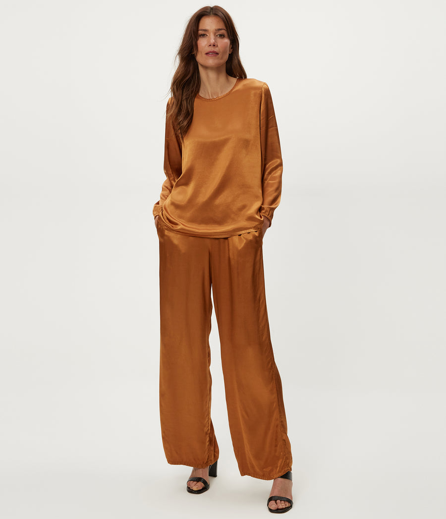 Cyrus Satin Pant in Cumin Brown Full Body View #CUMIN