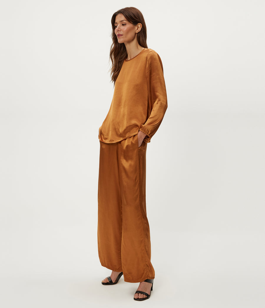 Cyrus Satin Pant in Cumin Brown Side View #CUMIN