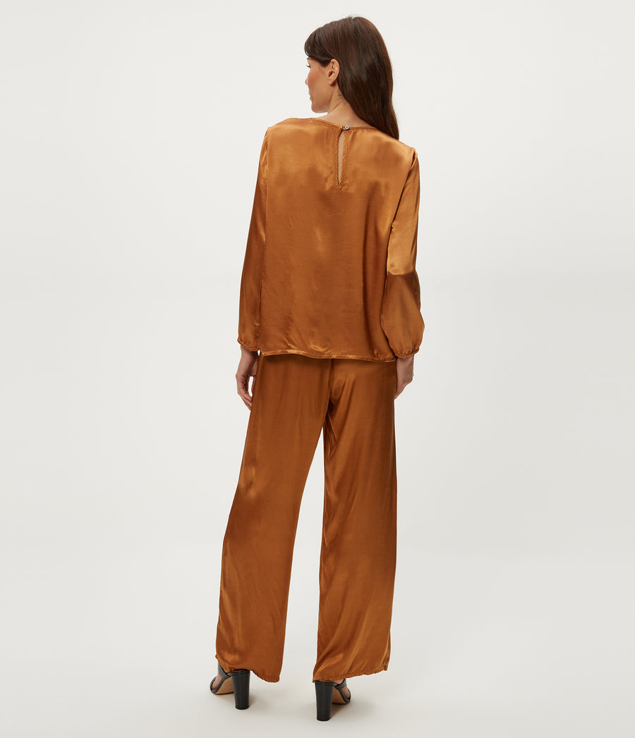 Cyrus Satin Pant in Cumin Brown Back View #CUMIN