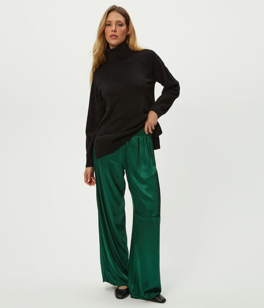 Cyrus Satin Pant in Emerald GREEN Full Body View #EMERALD