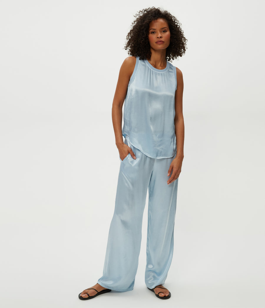 Cyrus Satin Pant in Fountain Blue Full Body View #FOUNTAIN