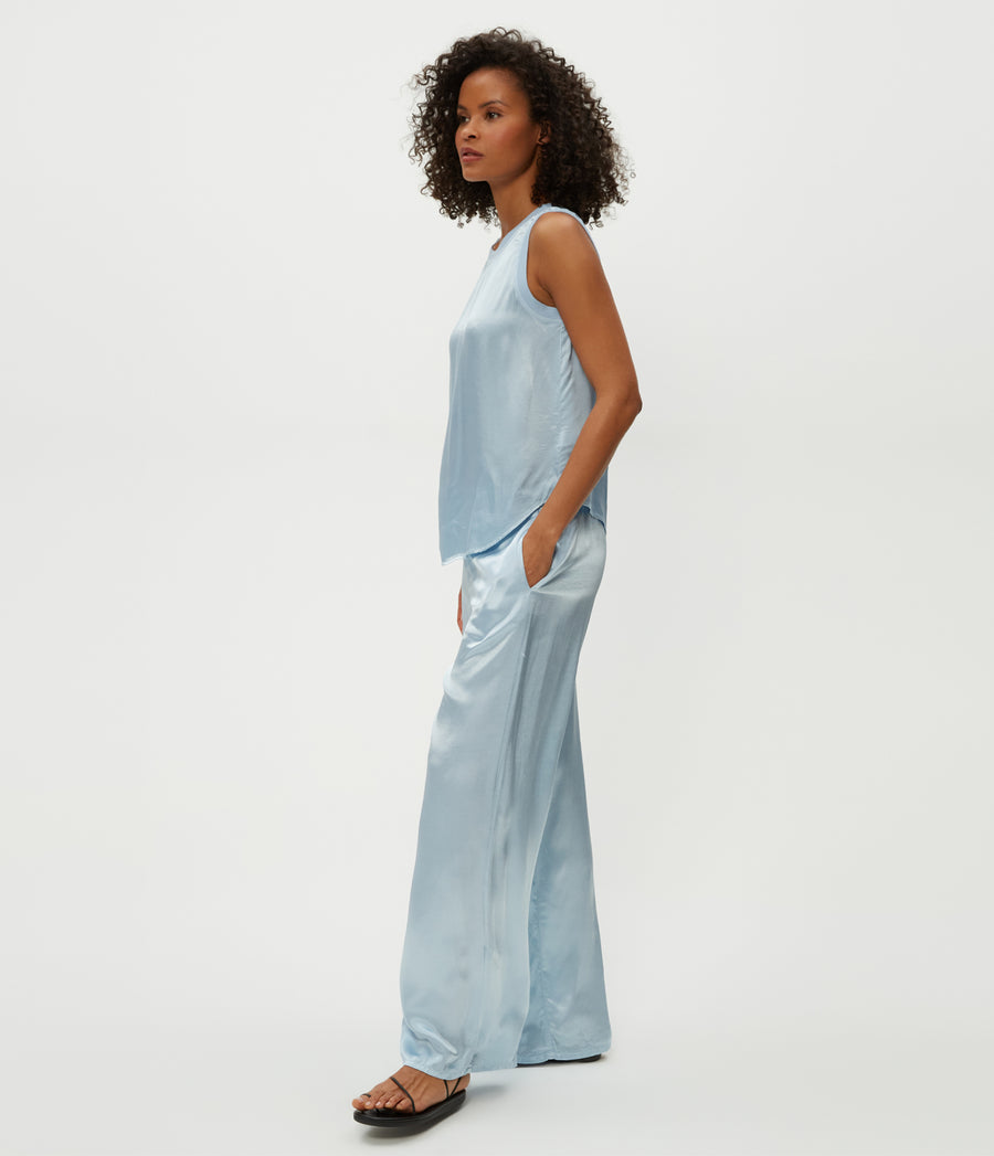 Cyrus Satin Pant in Fountain Blue Side View #FOUNTAIN