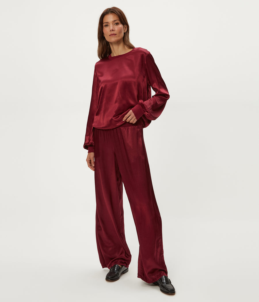 Petite Cyrus Satin Pant in Garnet Red Full Body View #GARNET