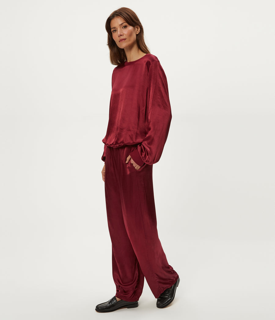 Petite Cyrus Satin Pant in Garnet Red Side View #GARNET