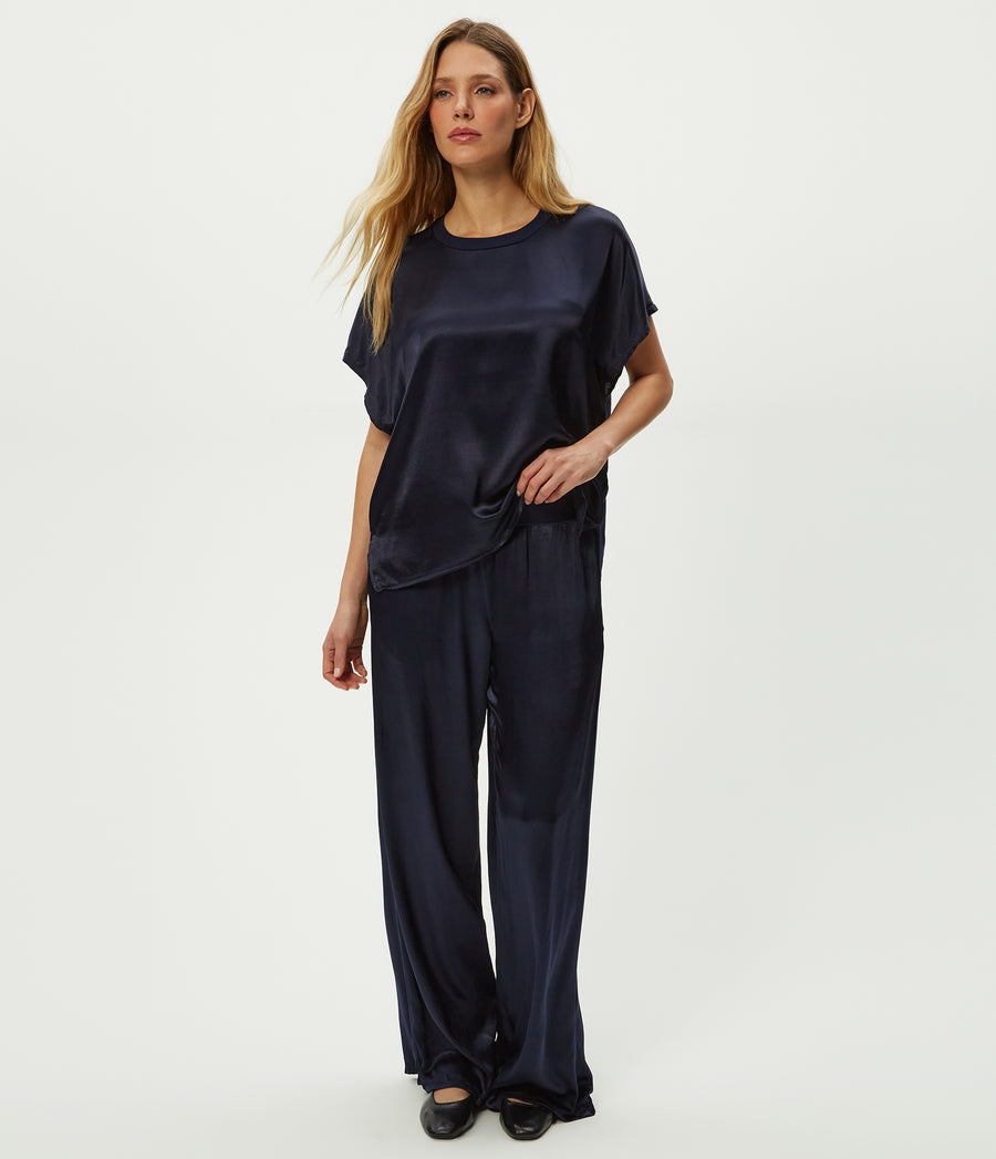 Petite Cyrus Satin Pant in Nocturnal Blue Full Body View #NOCTURNAL