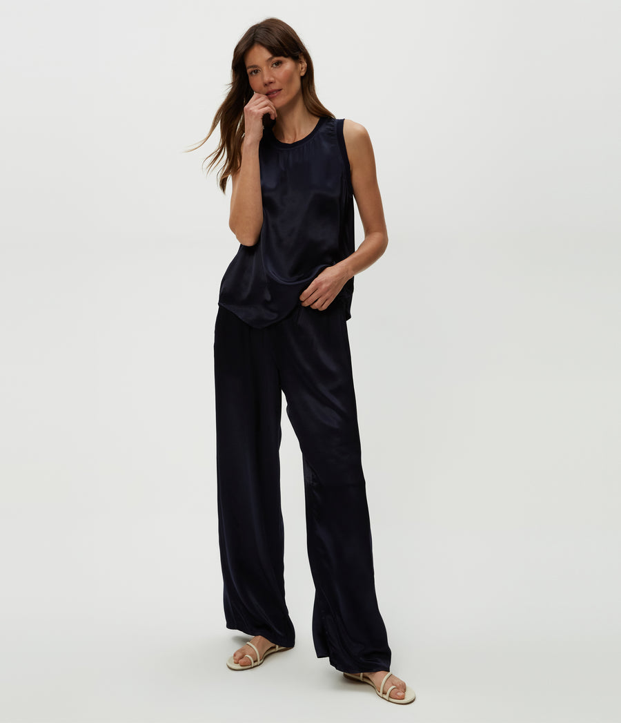 Cyrus Satin Pant in Nocturnal Blue Full Body View #NOCTURNAL