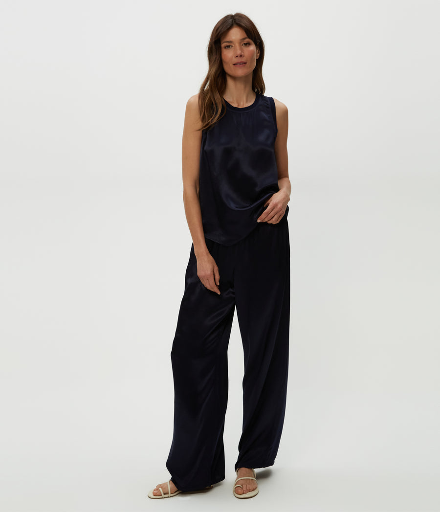 Cyrus Satin Pant in Nocturnal Blue Full Body View #NOCTURNAL