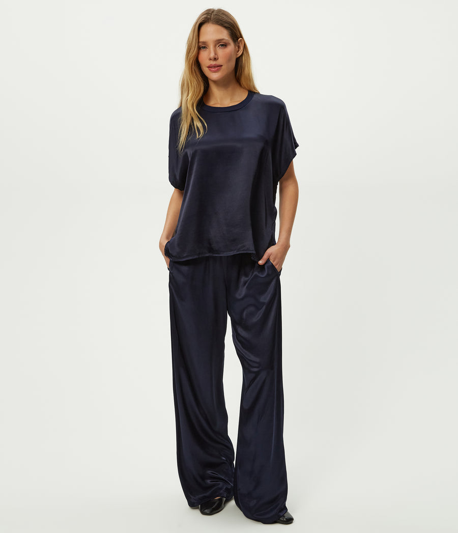 Petite Cyrus Satin Pant in Nocturnal Blue Close Up View #NOCTURNAL
