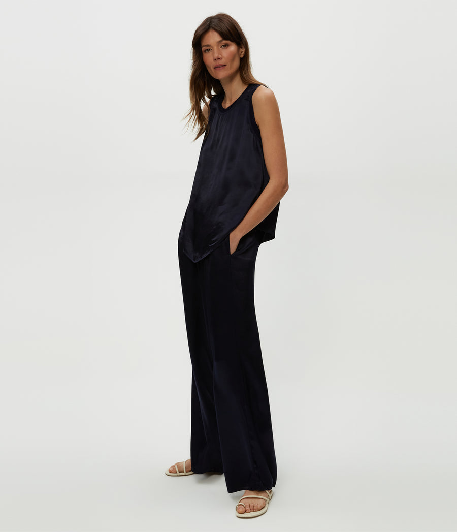 Cyrus Satin Pant in Nocturnal Blue Side View #NOCTURNAL