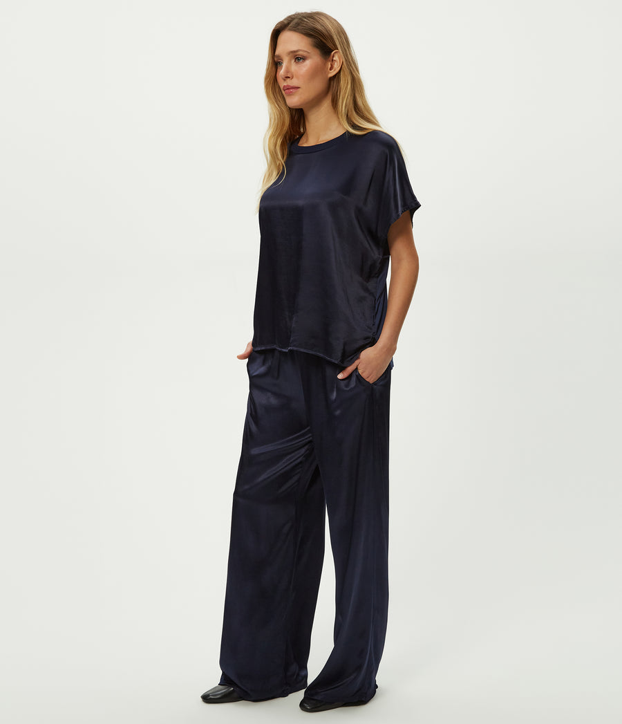 Petite Cyrus Satin Pant in Nocturnal Blue Side View #NOCTURNAL