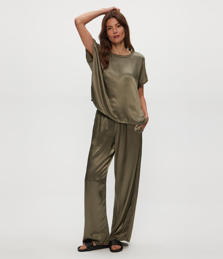 Cyrus Satin Pant in Olive Green Close Up View #OLIVE