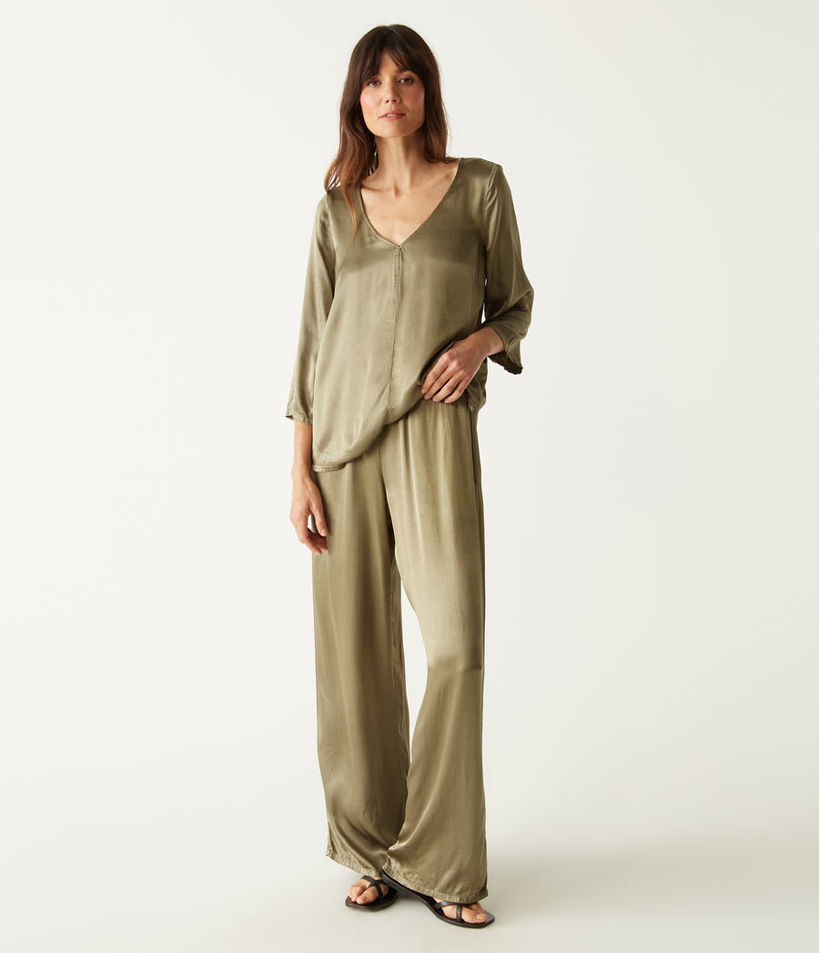 Cyrus Satin Pant in Olive Green Full Body View #OLIVE