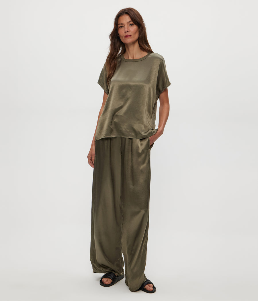 Cyrus Satin Pant in Olive Green Full Body View #OLIVE