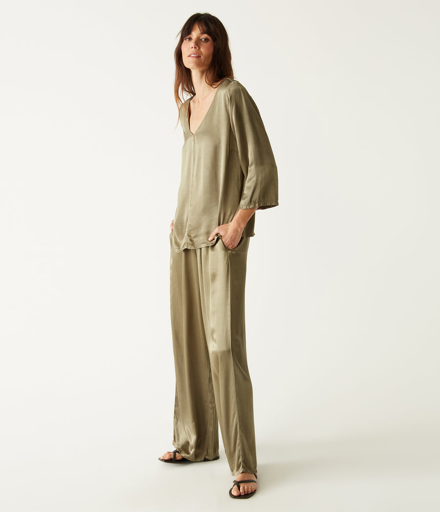 Cyrus Satin Pant in Olive Green Side View #OLIVE