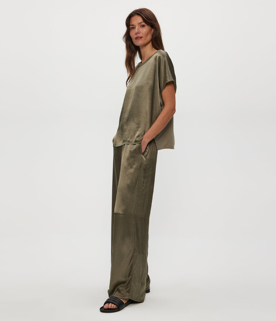 Cyrus Satin Pant in Olive Green Side View #OLIVE