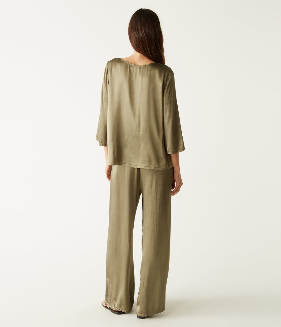 Cyrus Satin Pant in Olive Green Back View #OLIVE