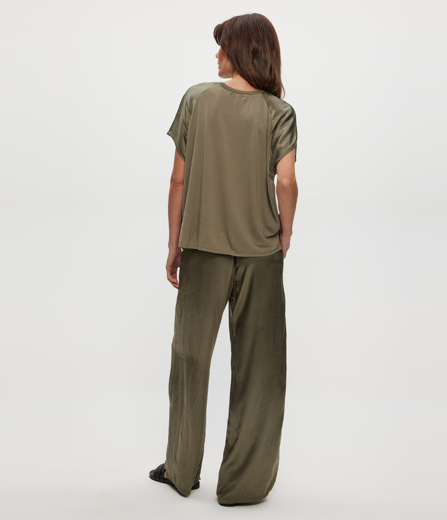 Cyrus Satin Pant in Olive Green Back View #OLIVE