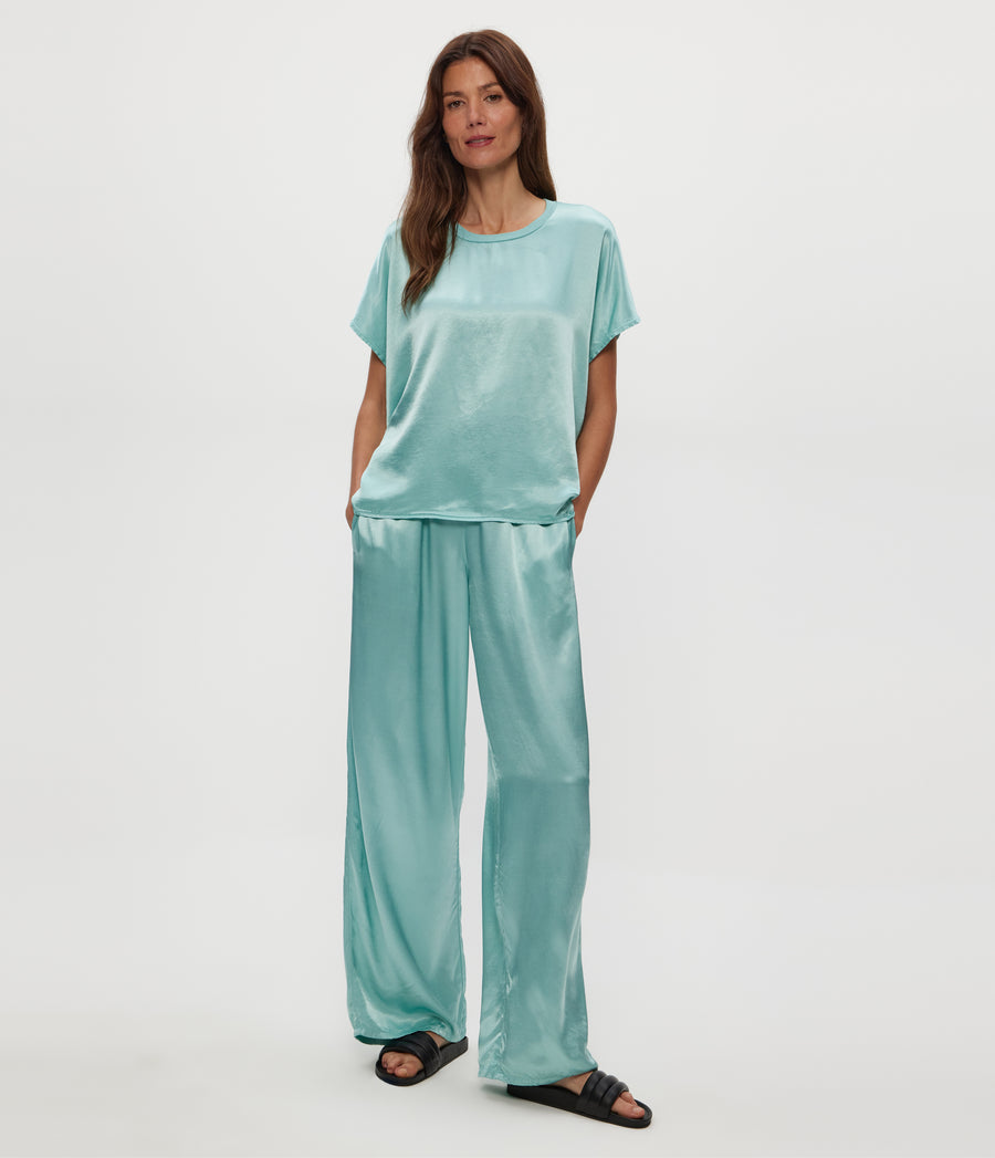 Cyrus Satin Pant in SERENE BLUE Full Body View #SERENE
