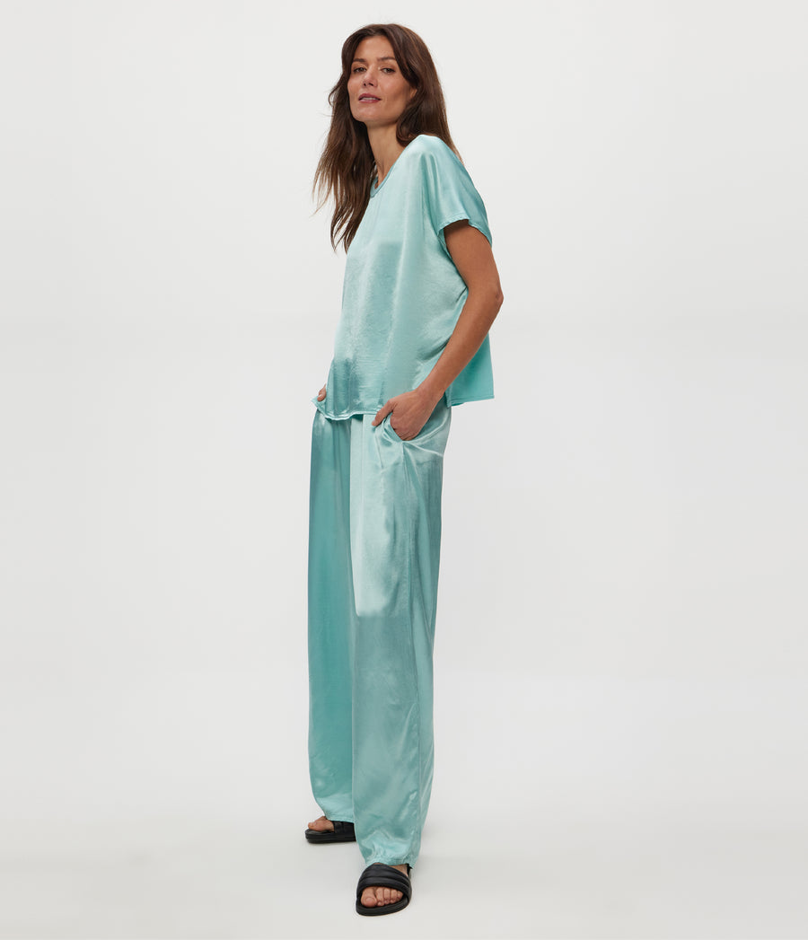 Cyrus Satin Pant in SERENE BLUE Side View #SERENE