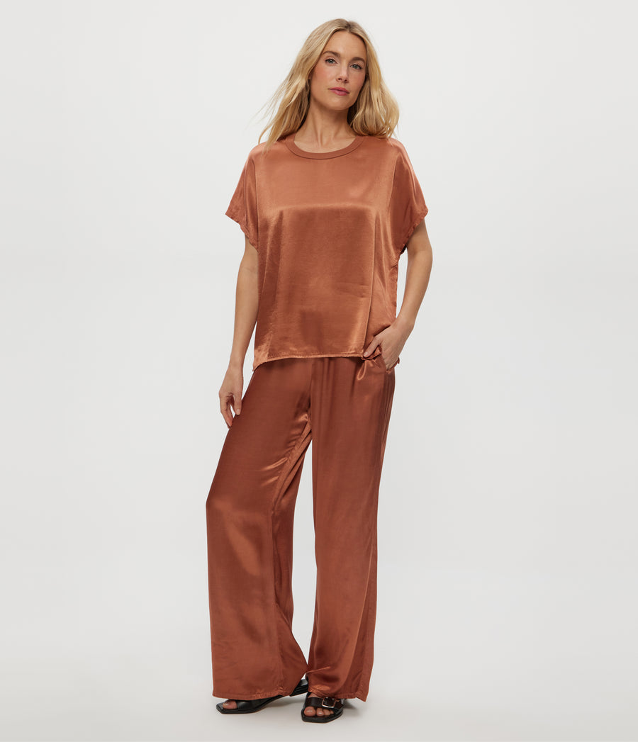 Cyrus Satin Pant in TERRA Orange Full Body View #TERRA