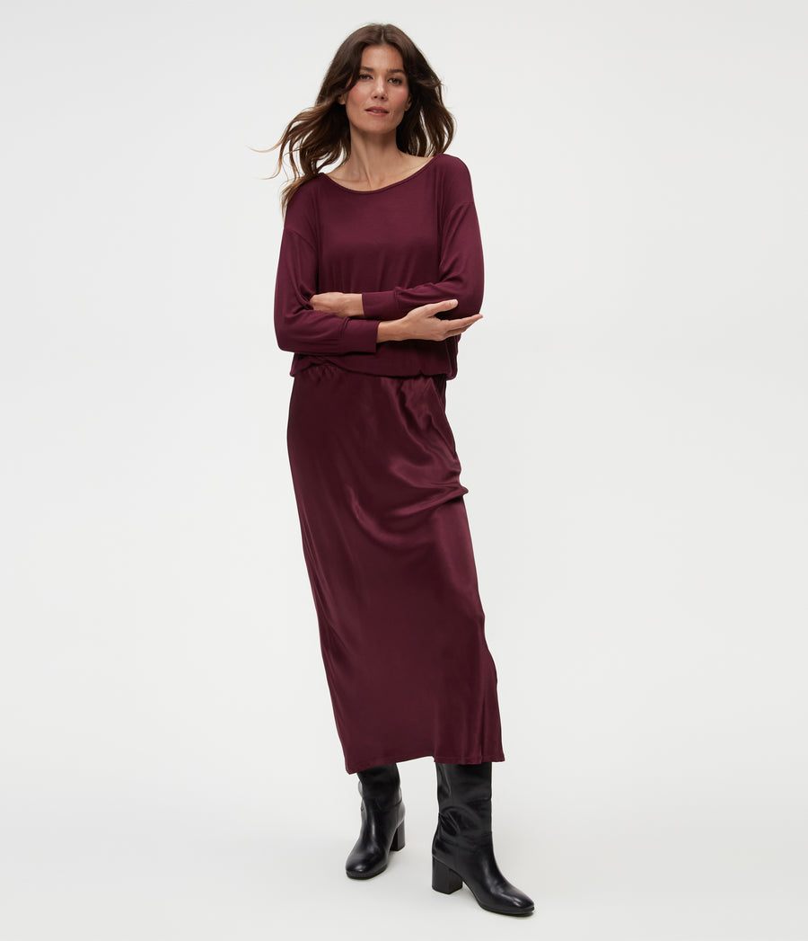 Nadia Mixed Fabric Satin Dress in Beetroot Red Close Up View #BEETROOT