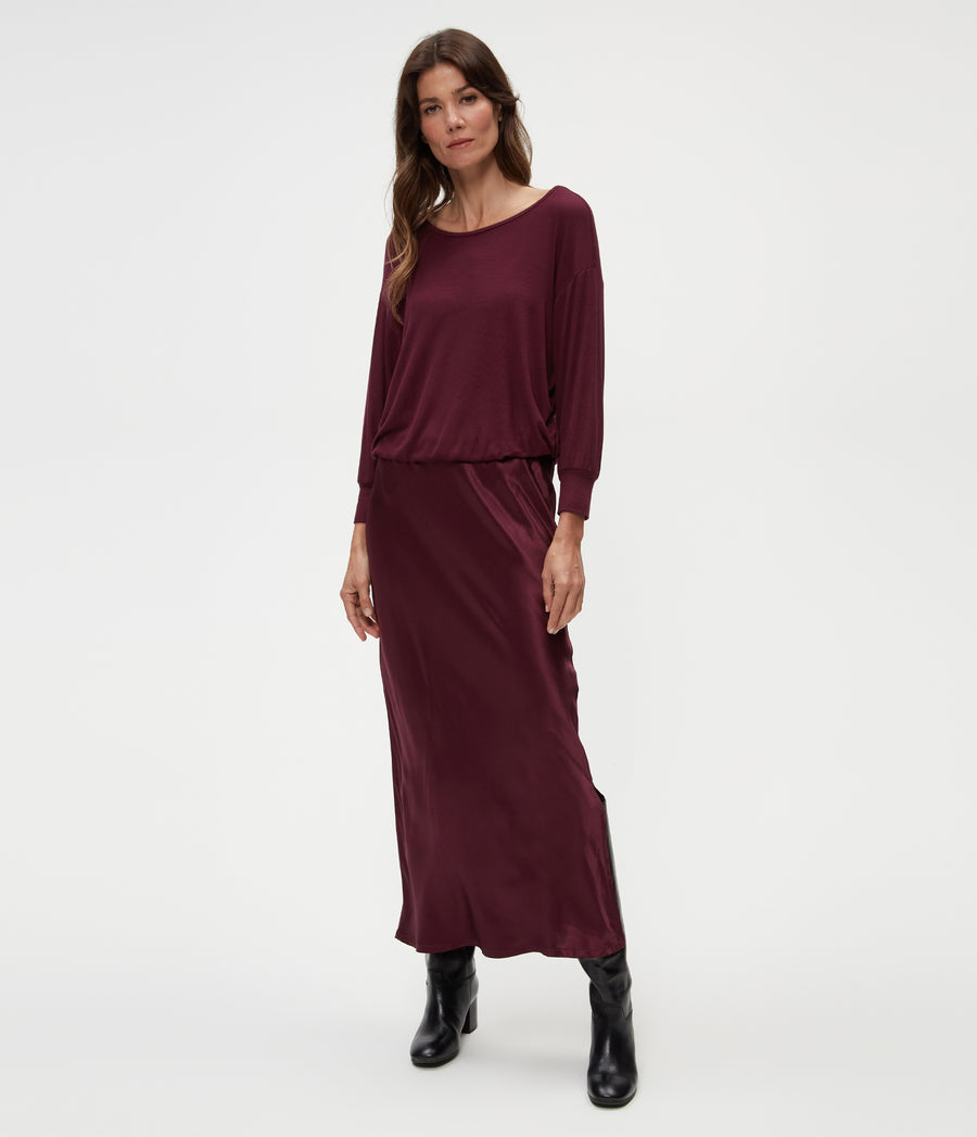 Nadia Mixed Fabric Satin Dress in Beetroot Red Full Body View #BEETROOT