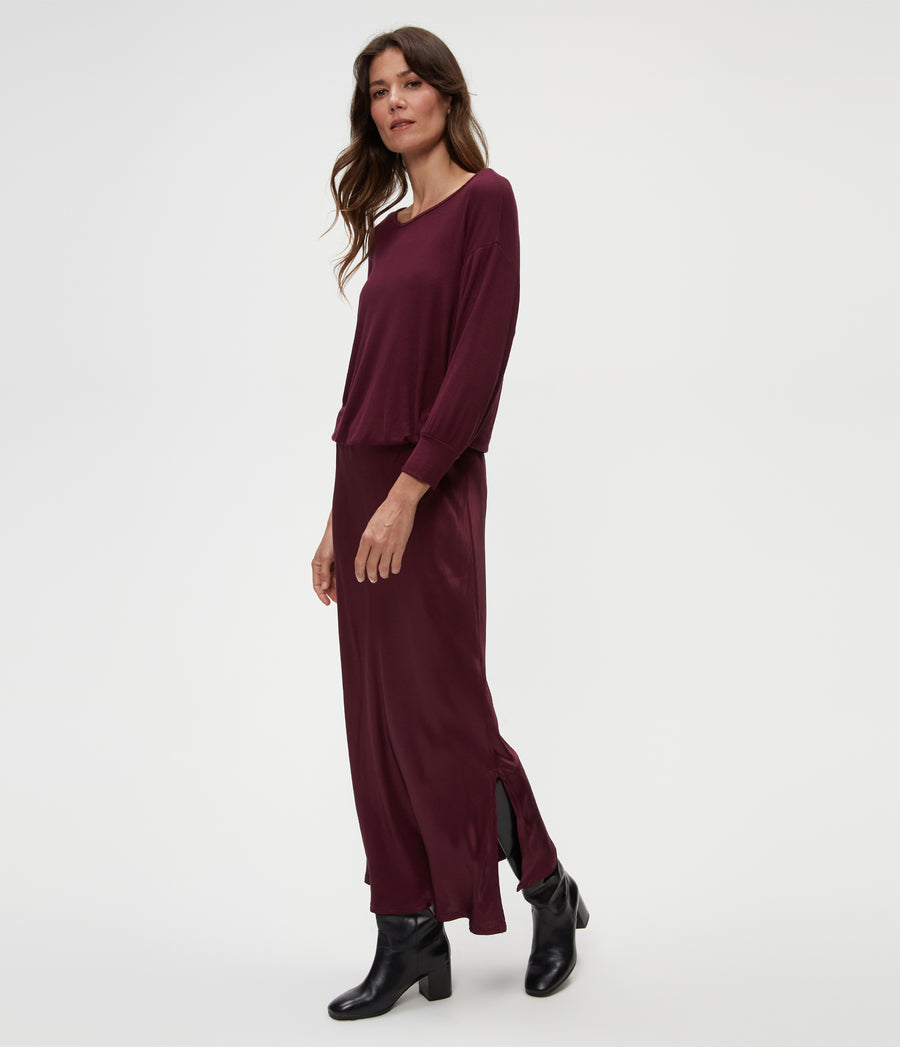 Nadia Mixed Fabric Satin Dress in Beetroot Red Side View #BEETROOT