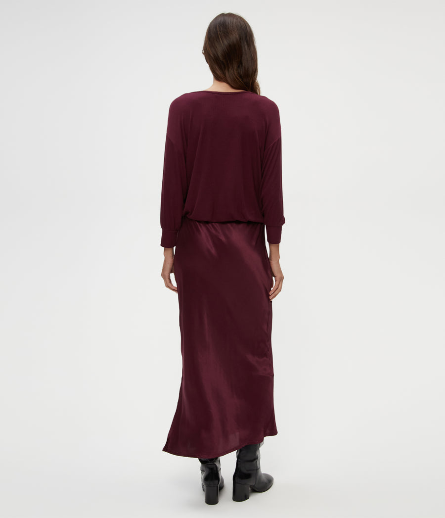Nadia Mixed Fabric Satin Dress in Beetroot Red Back View #BEETROOT