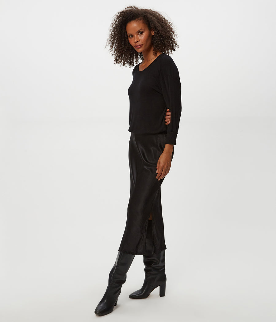 Nadia Mixed Fabric Satin Dress in Black  Side View #BLACK