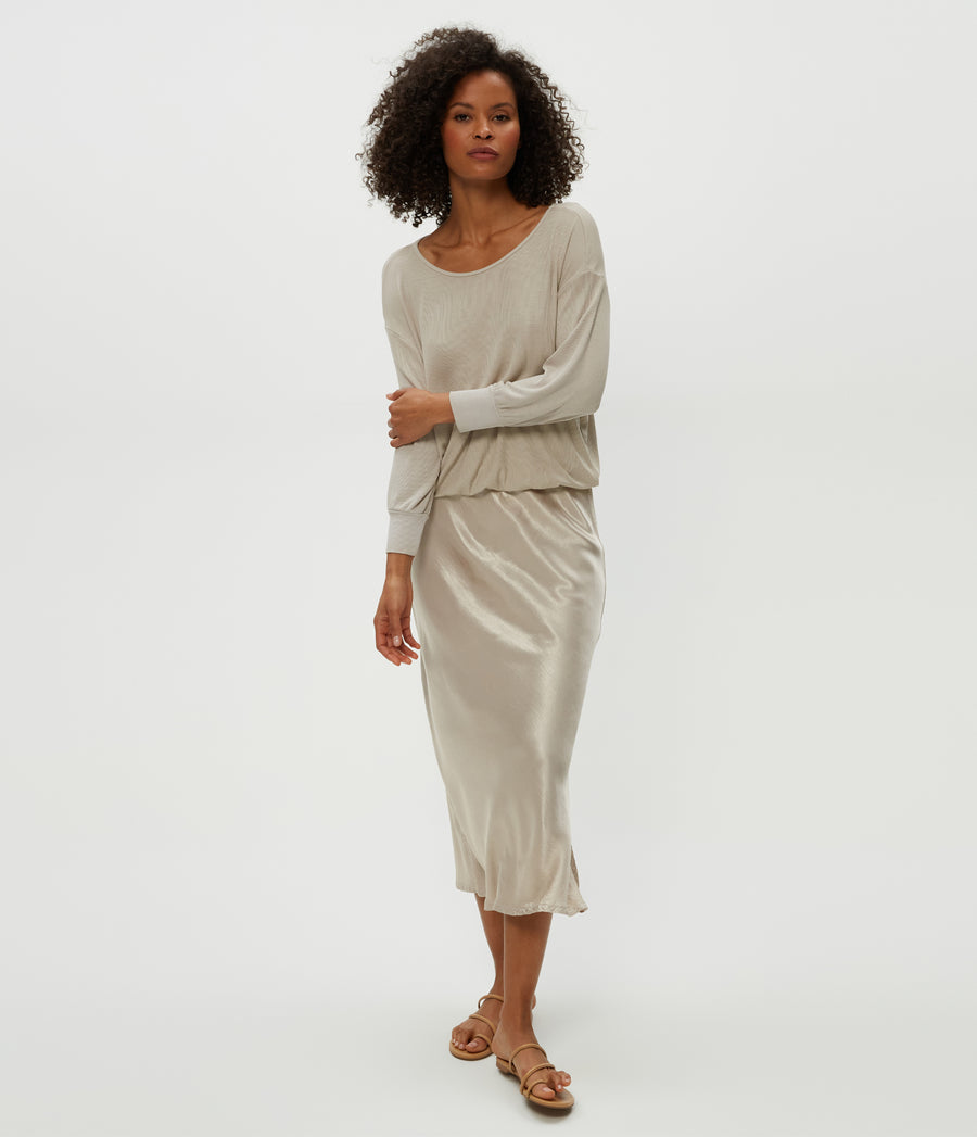 Nadia Mixed Fabric Satin Dress in Cement  Close Up View #CEMENT