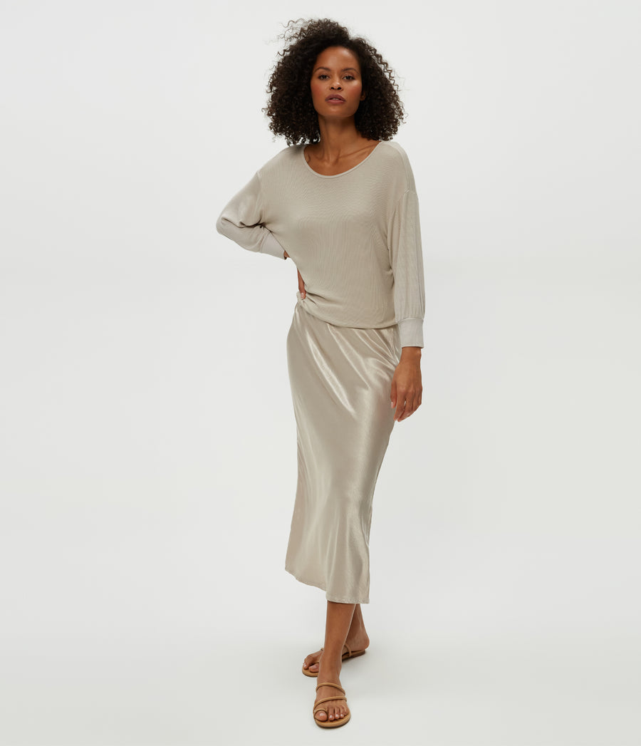 Nadia Mixed Fabric Satin Dress in Cement  Full Body View #CEMENT