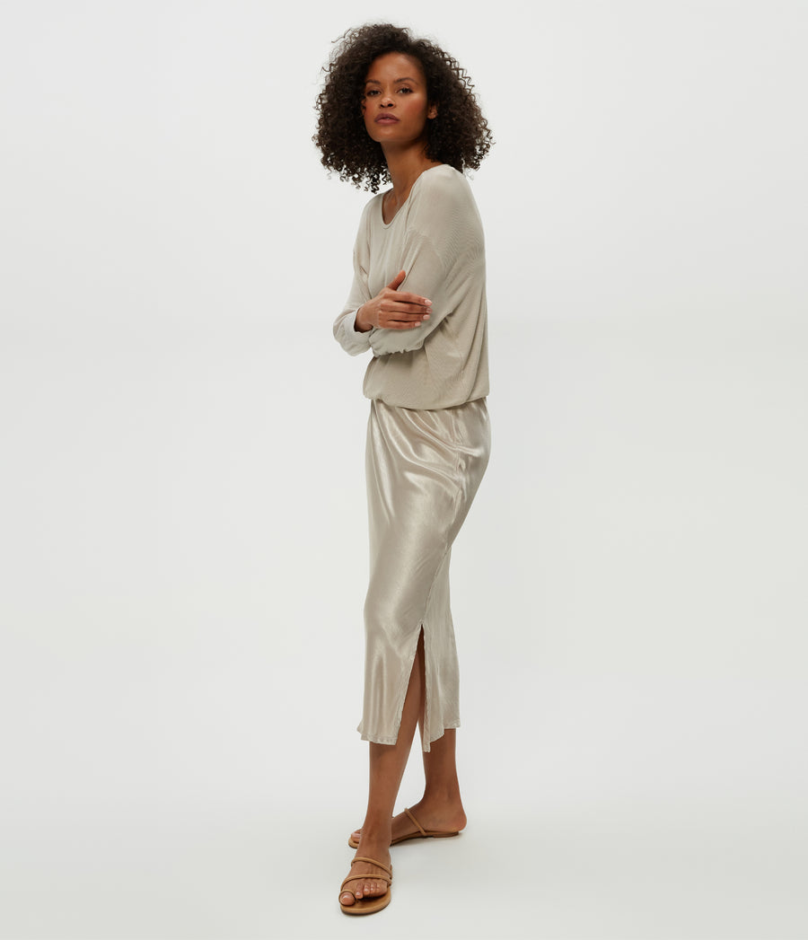 Nadia Mixed Fabric Satin Dress in Cement  Side View #CEMENT