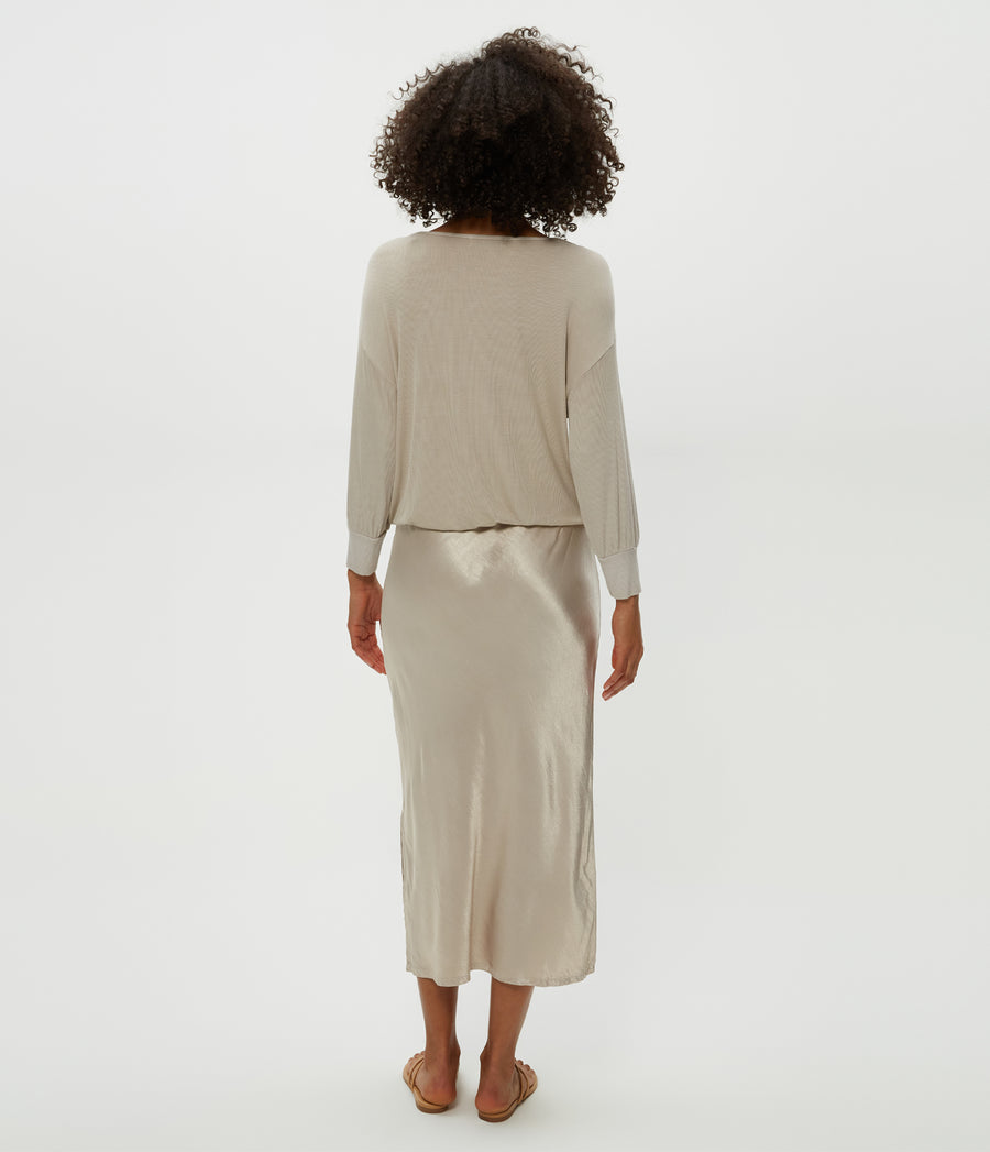 Nadia Mixed Fabric Satin Dress in Cement  Back View #CEMENT