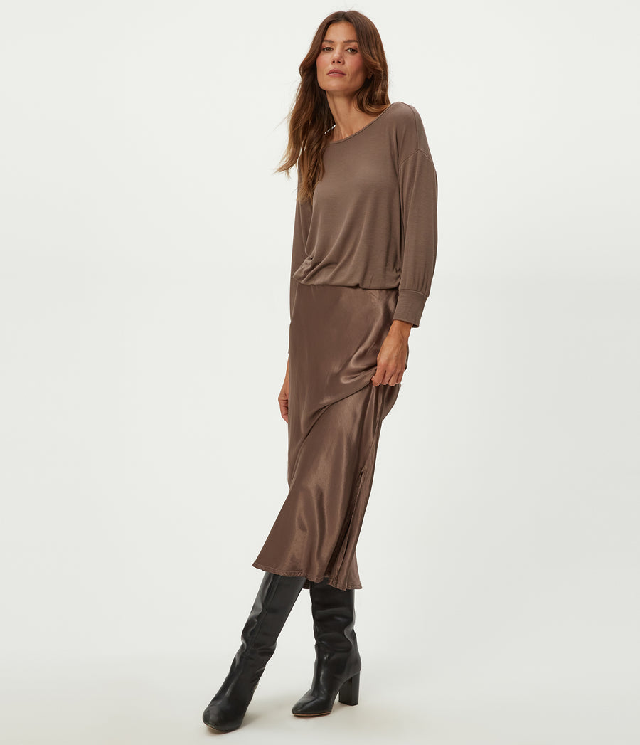 Nadia Mixed Fabric Satin Dress in Cobblestone Brown Full Body View #COBBLESTONE