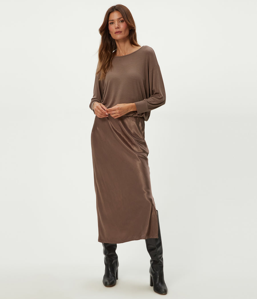 Nadia Mixed Fabric Satin Dress in Cobblestone Brown Close Up View #COBBLESTONE