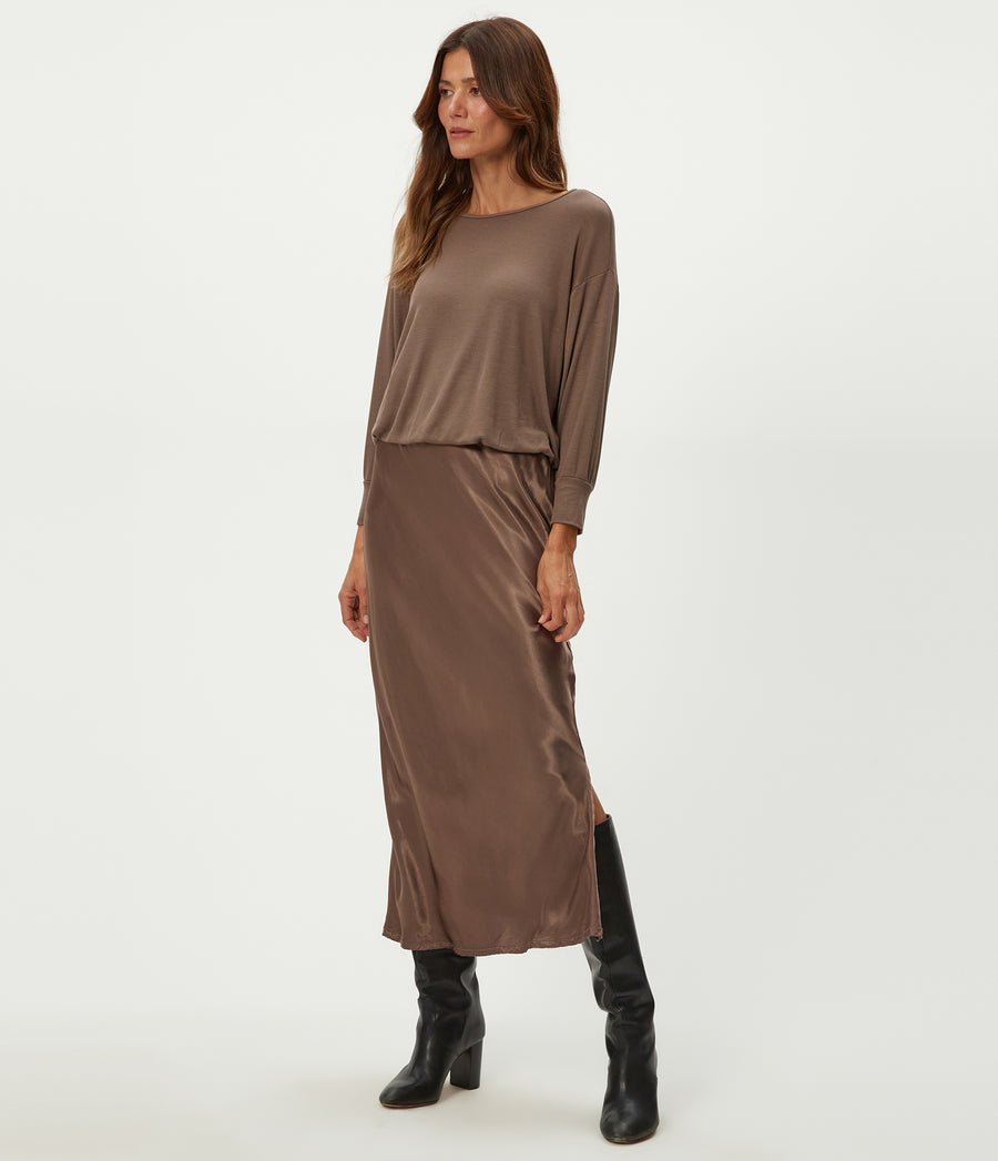 Nadia Mixed Fabric Satin Dress in Cobblestone Brown Side View #COBBLESTONE