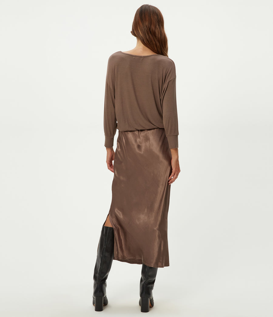 Nadia Mixed Fabric Satin Dress in Cobblestone Brown Back View #COBBLESTONE