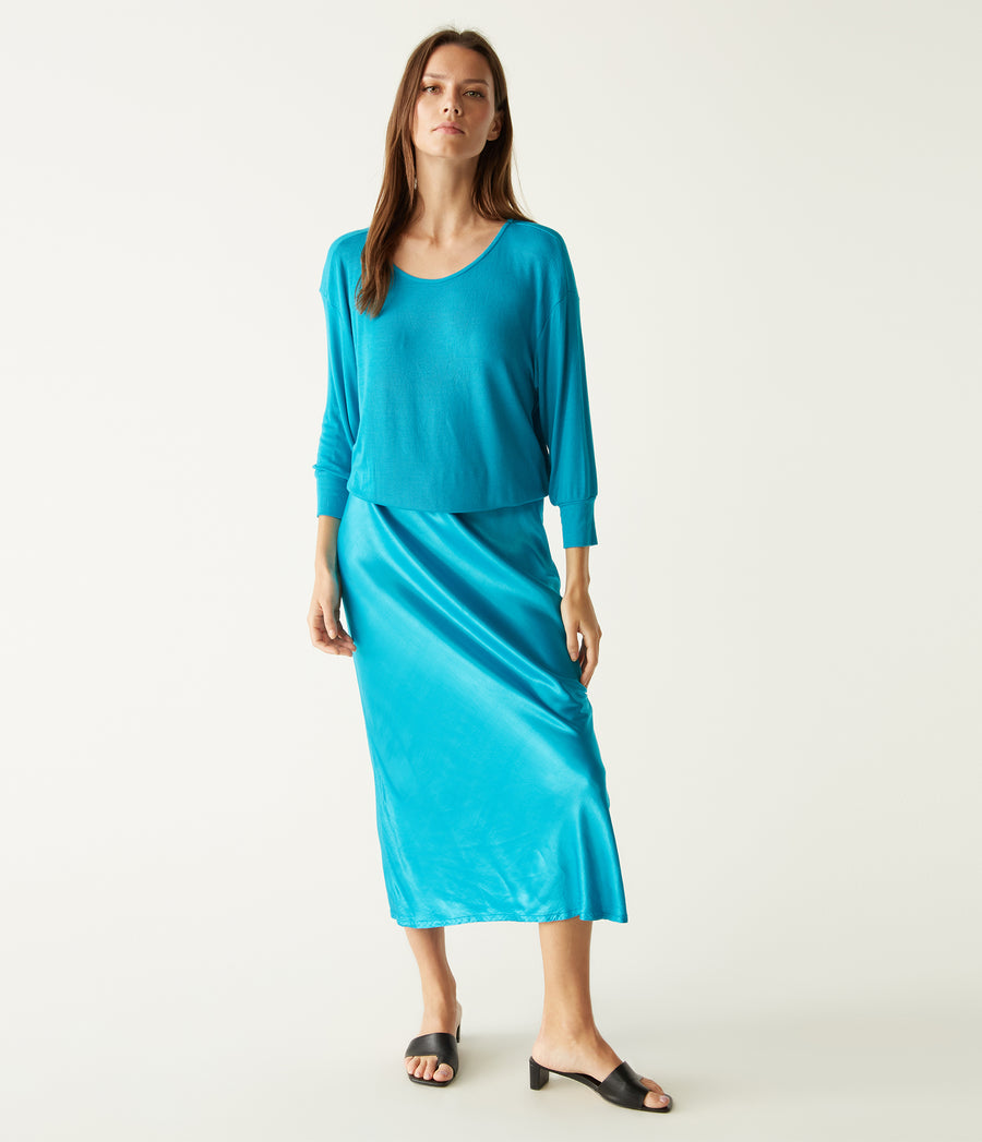 Nadia Mixed Fabric Satin Dress in Corsica Blue Full Body View #CORSICA